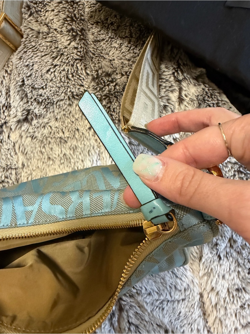 Versace Light Blue Logo Jacquard Shoulder Bag with Gold Chain Detail - Picture 6 of 9